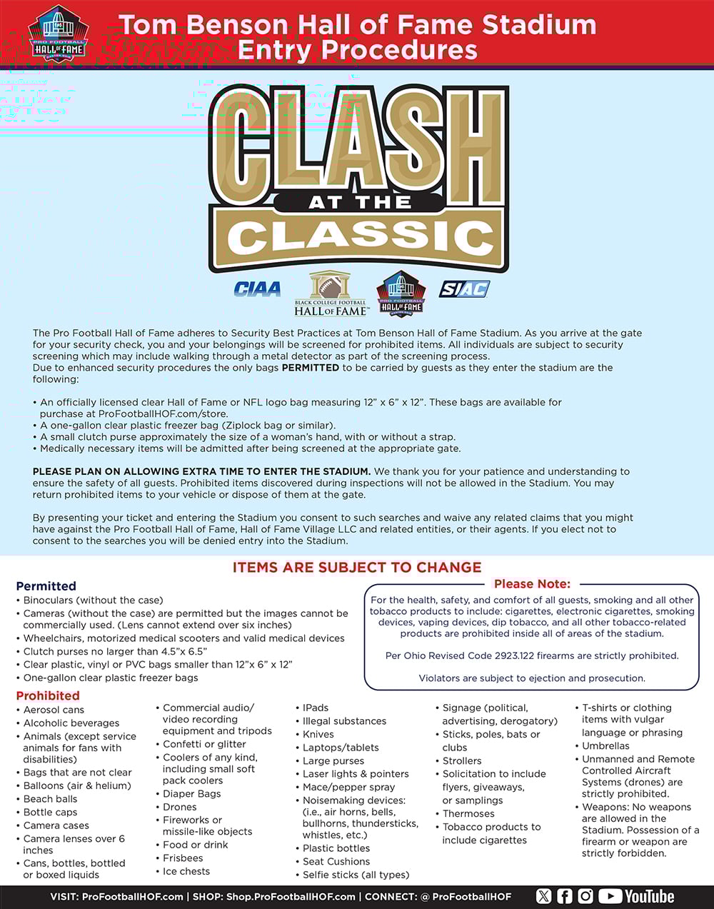 2025 Black College Football Hall of Fame Clash at the Classic Stadium Entry Procedures.