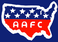 AAFC (1946-49) featuring the Cleveland Browns – map with selected uniforms  and logos of the teams: Baltimore Colts (I), Brooklyn football Dodgers  [AAFC], Buffalo Bisons/Bills (I), Chicago Rockets/Hornets, Cleveland Browns,  Los Angeles